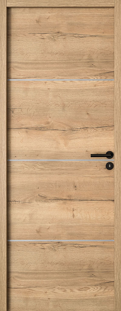Rénovation porte intérieur My Reno veine chêne insert noir poignée noire extérieur