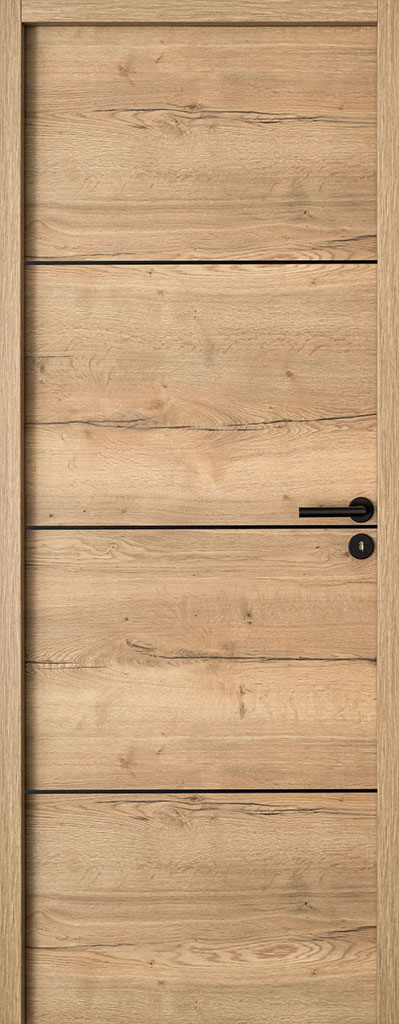 Rénovation porte intérieur My Reno veine chêne insert noir poignée noire extérieur