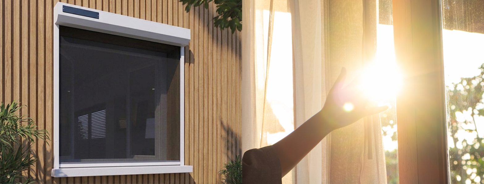 NOUVEAUTE ETE: LE COMBO 3 EN 1!! VOLET ROULANT SOLAIRE EQUIPE D'UNE TOILE SCREEN PROTECTION SOLAIRE + INSECTE, ELLE AUSSI MOTORISEE SOLAIRE!